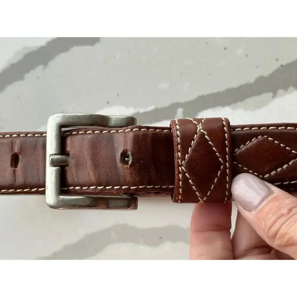 Vintage Fossil Brown Diamond Stitch Pattern Leather Belt mens small